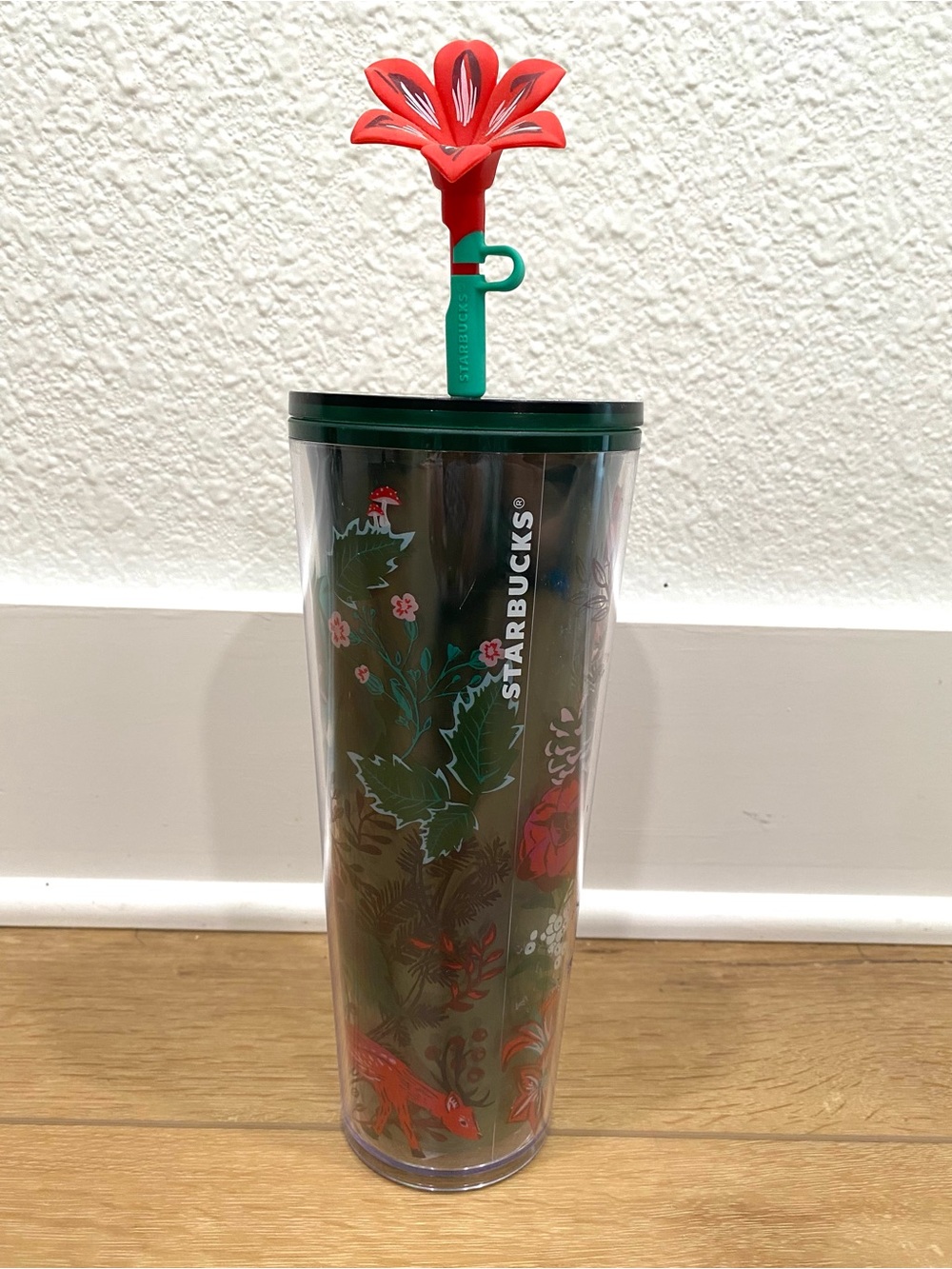 Starbucks Holiday Botanical Woodland Floral 24oz Cold Cup w/ Flower Straw Topper
